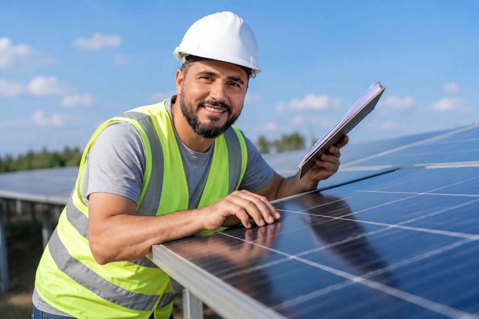Técnico VRM inspecionando painéis solares